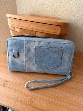 Denim Wristlet Wallet with Bleached Detail